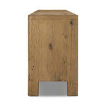 Made from resawn oak with a worn, natural finish, a long, streamlined sideboard offers ample storage space behind four push-latch doors. Subtly rounded corners add softness to otherwise clean lines, while knots and graining offer a naturally rich look. Dual rear cutouts for seamless cord management Amethyst Home provides interior design, new home construction design consulting, vintage area rugs, and lighting in the Houston metro area.
