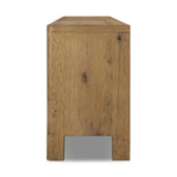 Made from resawn oak with a worn, natural finish, a long, streamlined sideboard offers ample storage space behind four push-latch doors. Subtly rounded corners add softness to otherwise clean lines, while knots and graining offer a naturally rich look. Dual rear cutouts for seamless cord management Amethyst Home provides interior design, new home construction design consulting, vintage area rugs, and lighting in the Houston metro area.