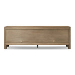 Made from resawn oak with a worn, natural finish, a long, streamlined sideboard offers ample storage space behind four push-latch doors. Subtly rounded corners add softness to otherwise clean lines, while knots and graining offer a naturally rich look. Dual rear cutouts for seamless cord management Amethyst Home provides interior design, new home construction design consulting, vintage area rugs, and lighting in the Laguna Beach metro area.