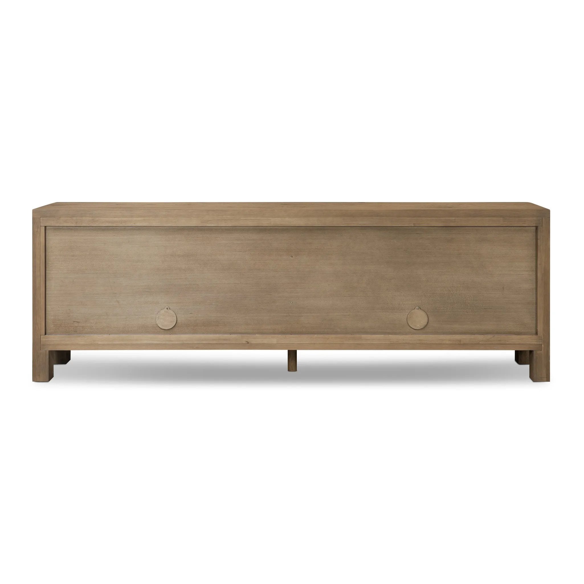 Made from resawn oak with a worn, natural finish, a long, streamlined sideboard offers ample storage space behind four push-latch doors. Subtly rounded corners add softness to otherwise clean lines, while knots and graining offer a naturally rich look. Dual rear cutouts for seamless cord management Amethyst Home provides interior design, new home construction design consulting, vintage area rugs, and lighting in the Laguna Beach metro area.