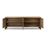 Made from resawn oak with a worn, natural finish, a long, streamlined sideboard offers ample storage space behind four push-latch doors. Subtly rounded corners add softness to otherwise clean lines, while knots and graining offer a naturally rich look. Dual rear cutouts for seamless cord management Amethyst Home provides interior design, new home construction design consulting, vintage area rugs, and lighting in the Monterey metro area.