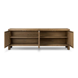 Made from resawn oak with a worn, natural finish, a long, streamlined sideboard offers ample storage space behind four push-latch doors. Subtly rounded corners add softness to otherwise clean lines, while knots and graining offer a naturally rich look. Dual rear cutouts for seamless cord management Amethyst Home provides interior design, new home construction design consulting, vintage area rugs, and lighting in the Monterey metro area.