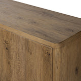 Made from resawn oak with a worn, natural finish, a long, streamlined sideboard offers ample storage space behind four push-latch doors. Subtly rounded corners add softness to otherwise clean lines, while knots and graining offer a naturally rich look. Dual rear cutouts for seamless cord management Amethyst Home provides interior design, new home construction design consulting, vintage area rugs, and lighting in the Salt Lake City metro area.