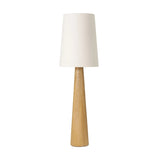 Modern minimal meets traditional. A tapered wood floor lamp base is topped with a design-forward boucle linen shade Amethyst Home provides interior design, new home construction design consulting, vintage area rugs, and lighting in the Austin metro area.