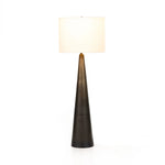A striking silhouette. An antique brass finish highlights iron's gradual blending of hues for a distinctive ombre effect on this tapered metal base. Topped with a 100% cotton shade Amethyst Home provides interior design, new home construction design consulting, vintage area rugs, and lighting in the San Diego metro area.