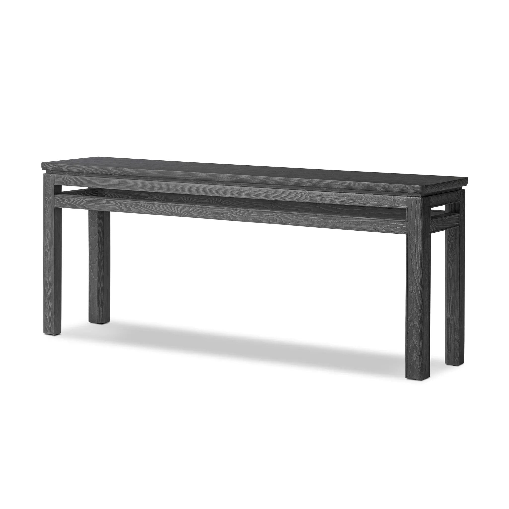 The traditional console table gets elevated with accent stretchers that bring a float-like look to simple shaping. Made from ash and oak, with a rustic black oak finish Amethyst Home provides interior design, new home construction design consulting, vintage area rugs, and lighting in the Des Moines metro area.