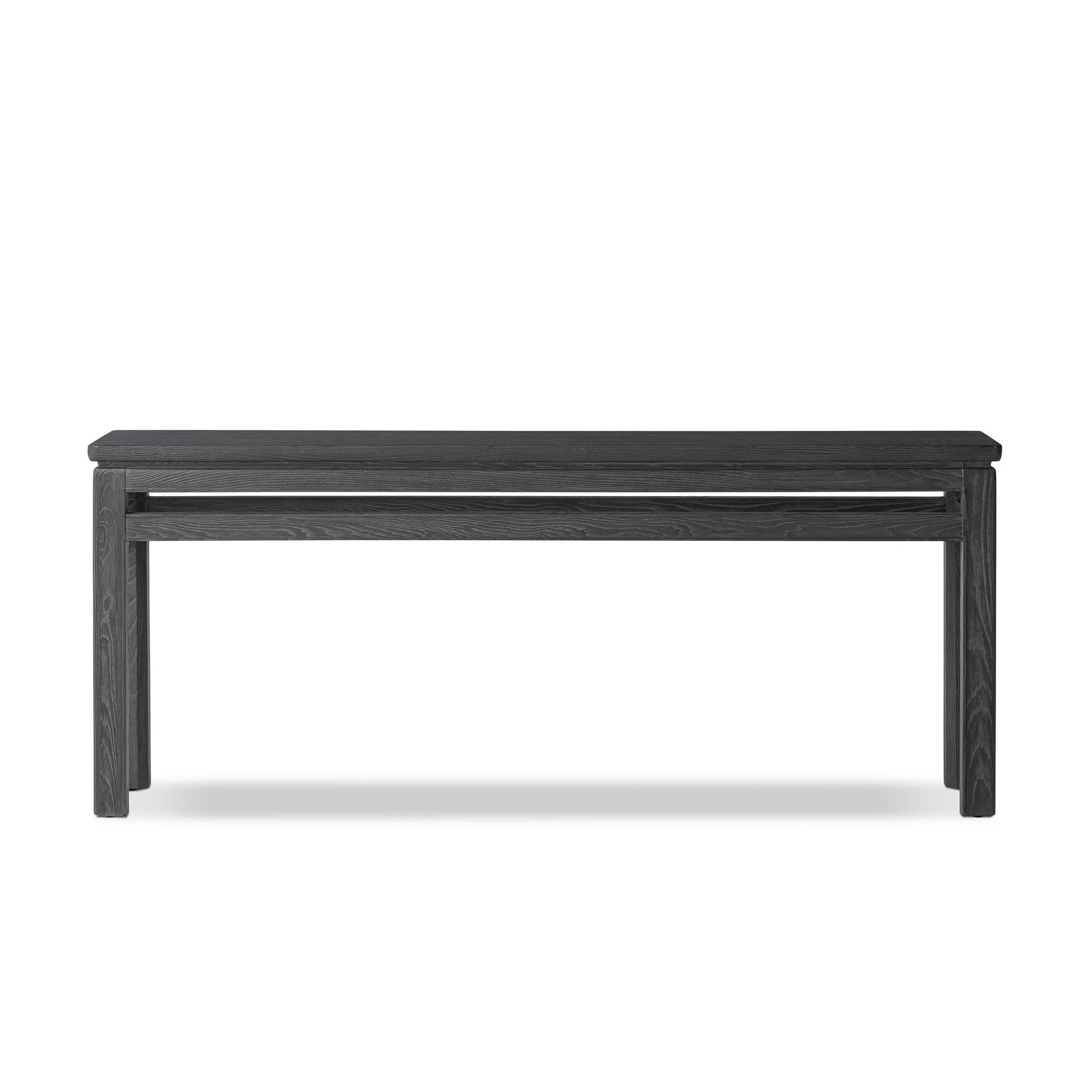 The traditional console table gets elevated with accent stretchers that bring a float-like look to simple shaping. Made from ash and oak, with a rustic black oak finish Amethyst Home provides interior design, new home construction design consulting, vintage area rugs, and lighting in the Seattle metro area.