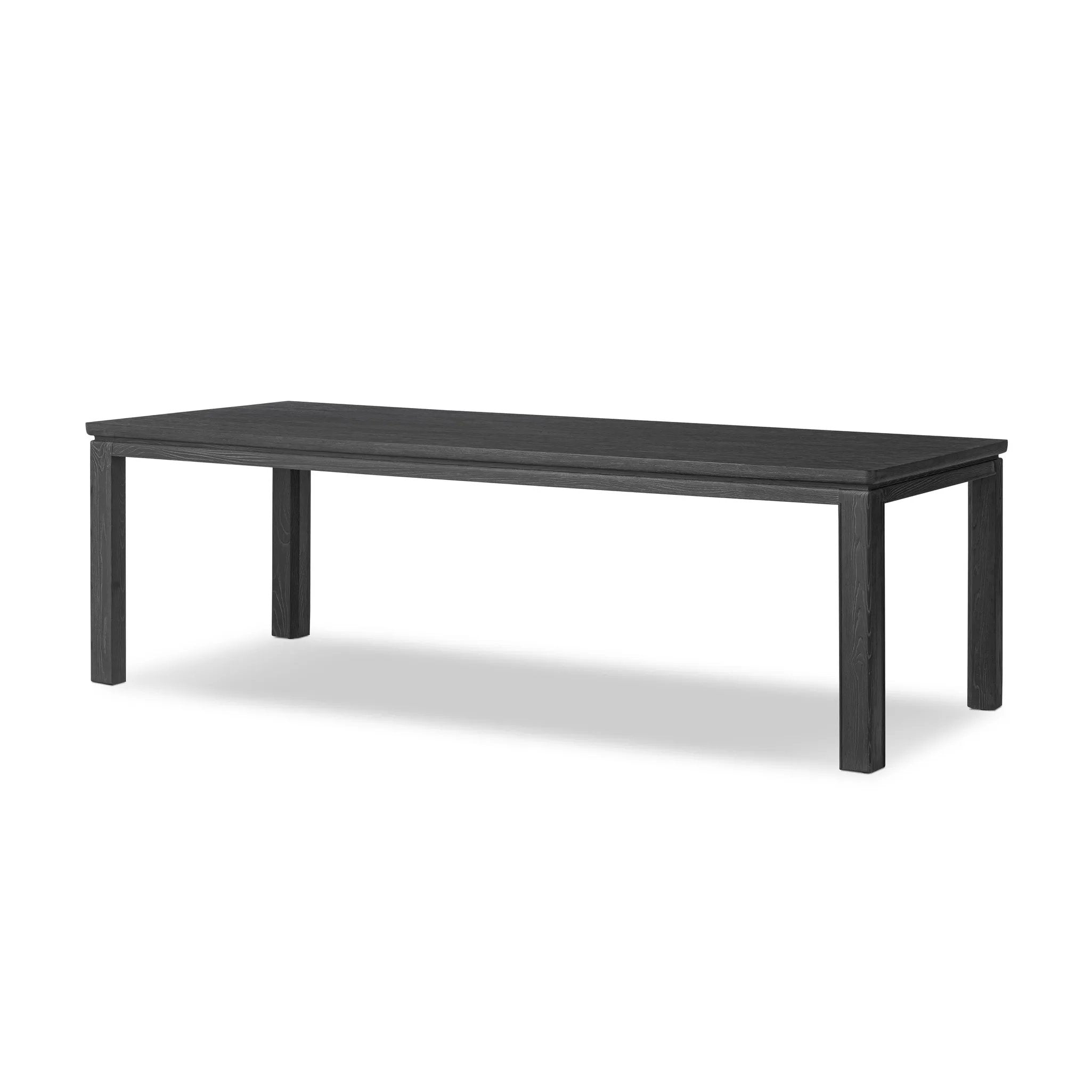 The timeless Parsons table is reimagined, with a rustic black finish and unique relief detail between the tabletop and apron Amethyst Home provides interior design, new home construction design consulting, vintage area rugs, and lighting in the Boston metro area.