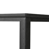 The timeless Parsons table is reimagined, with a rustic black finish and unique relief detail between the tabletop and apron Amethyst Home provides interior design, new home construction design consulting, vintage area rugs, and lighting in the Calabasas metro area.