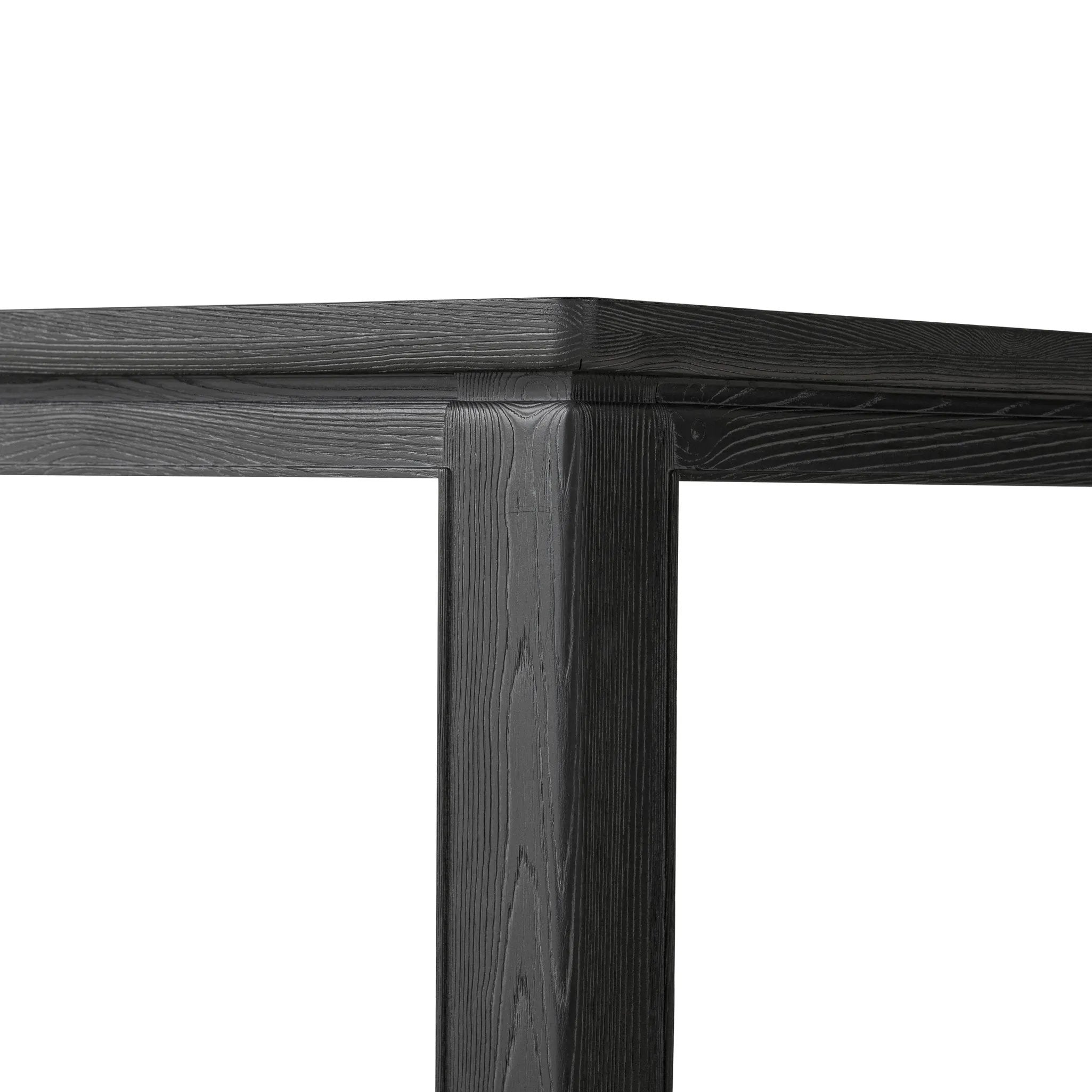 The timeless Parsons table is reimagined, with a rustic black finish and unique relief detail between the tabletop and apron Amethyst Home provides interior design, new home construction design consulting, vintage area rugs, and lighting in the Calabasas metro area.