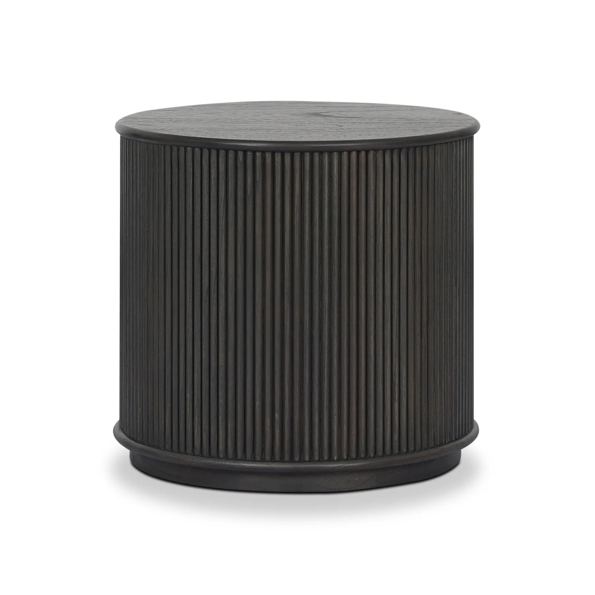 An artisanal take on texture. Made from black-finished mindi wood with a plinth-style base, a reeding pattern is carved around the entirety of this versatile end table for a fresh, approachable look.As lovers of luxe aesthetics at Amethyst, we love the optimistic inspired Ona End Table - Smoked Black Mindi Veneer. Amethyst Home provides interior design, new home construction design consulting, vintage area rugs, and lighting in the Omaha metro area.