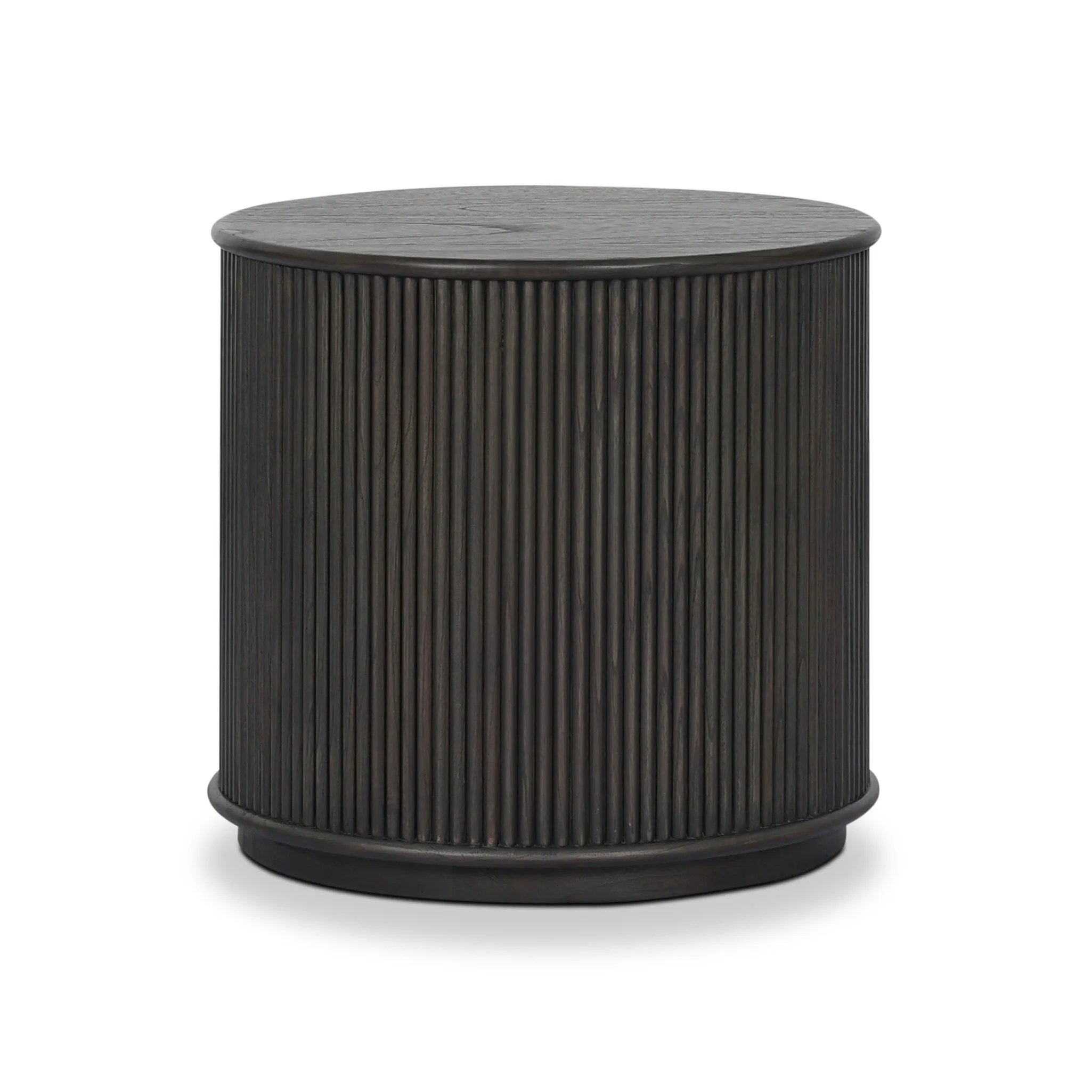 An artisanal take on texture. Made from black-finished mindi wood with a plinth-style base, a reeding pattern is carved around the entirety of this versatile end table for a fresh, approachable look.As lovers of luxe aesthetics at Amethyst, we love the optimistic inspired Ona End Table - Smoked Black Mindi Veneer. Amethyst Home provides interior design, new home construction design consulting, vintage area rugs, and lighting in the Portland metro area.