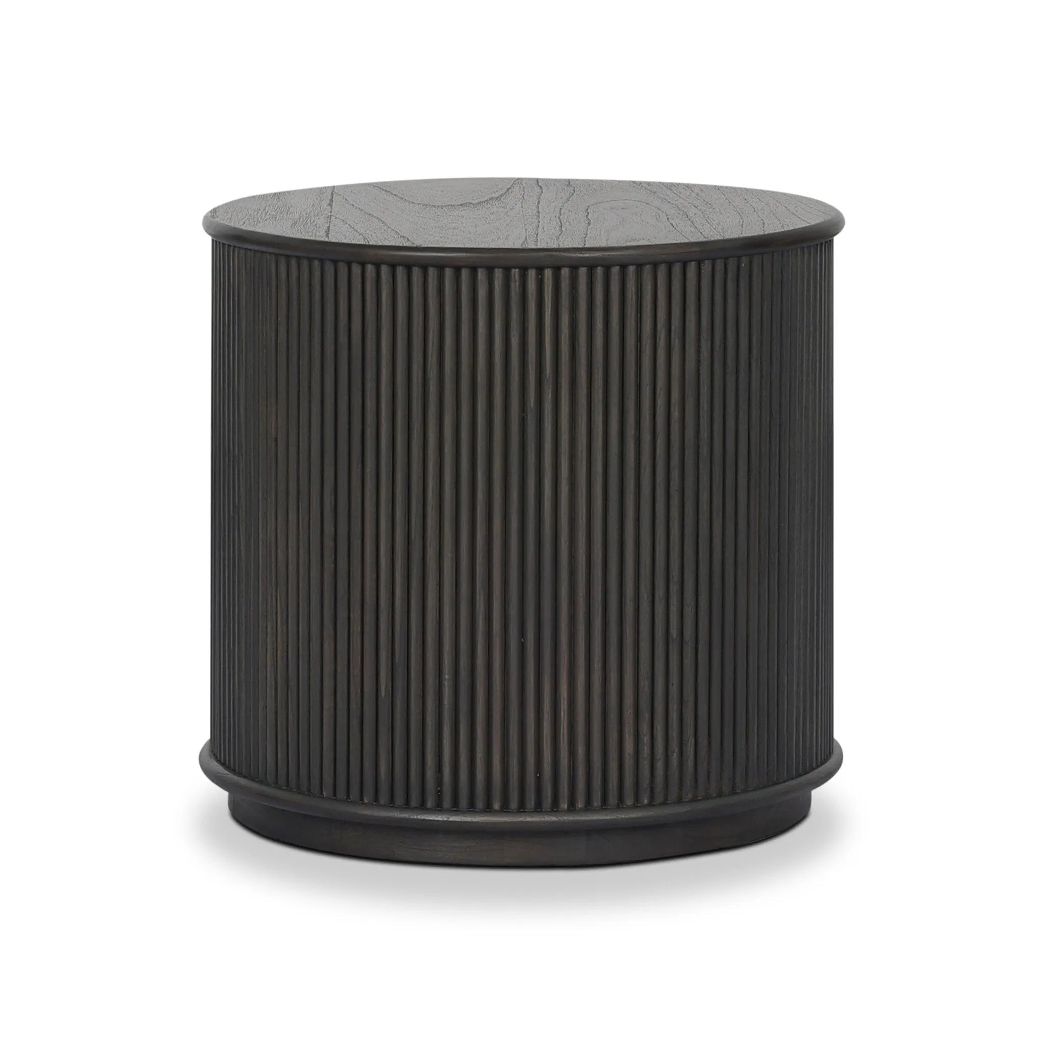 An artisanal take on texture. Made from black-finished mindi wood with a plinth-style base, a reeding pattern is carved around the entirety of this versatile end table for a fresh, approachable look.As lovers of luxe aesthetics at Amethyst, we love the optimistic inspired Ona End Table - Smoked Black Mindi Veneer. Amethyst Home provides interior design, new home construction design consulting, vintage area rugs, and lighting in the Scottsdale metro area.