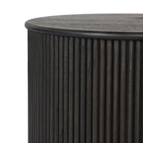 An artisanal take on texture. Made from black-finished mindi wood with a plinth-style base, a reeding pattern is carved around the entirety of this versatile end table for a fresh, approachable look.As lovers of luxe aesthetics at Amethyst, we love the optimistic inspired Ona End Table - Smoked Black Mindi Veneer. Amethyst Home provides interior design, new home construction design consulting, vintage area rugs, and lighting in the Winter Garden metro area.