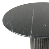 Inspired by Italian design, a swirling marble base is scalloped for a linear look with heavy texture, finished with a rounded, bistro-size tabletop of polished black marble Amethyst Home provides interior design, new home construction design consulting, vintage area rugs, and lighting in the Monterey metro area.