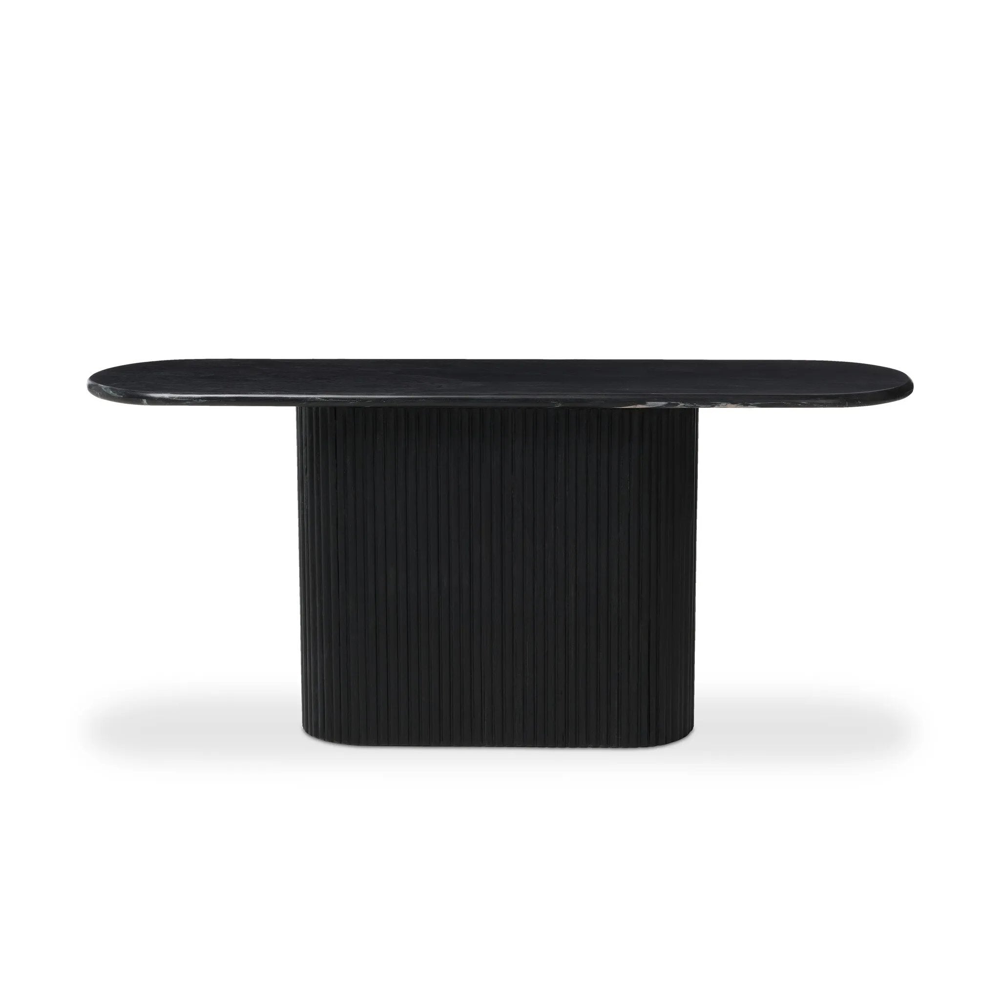 Italian-inspired for effortless sophistication. A black marble base is scalloped for a linear look with heavy texture, finished with a pill-shaped top for extra entryway styling atop this console table.As lovers of organic modern aesthetics at Amethyst, we love the designer inspired Oranda Console Table - Black Marble. Amethyst Home provides interior design, new home construction design consulting, vintage area rugs, and lighting in the Dallas metro area.