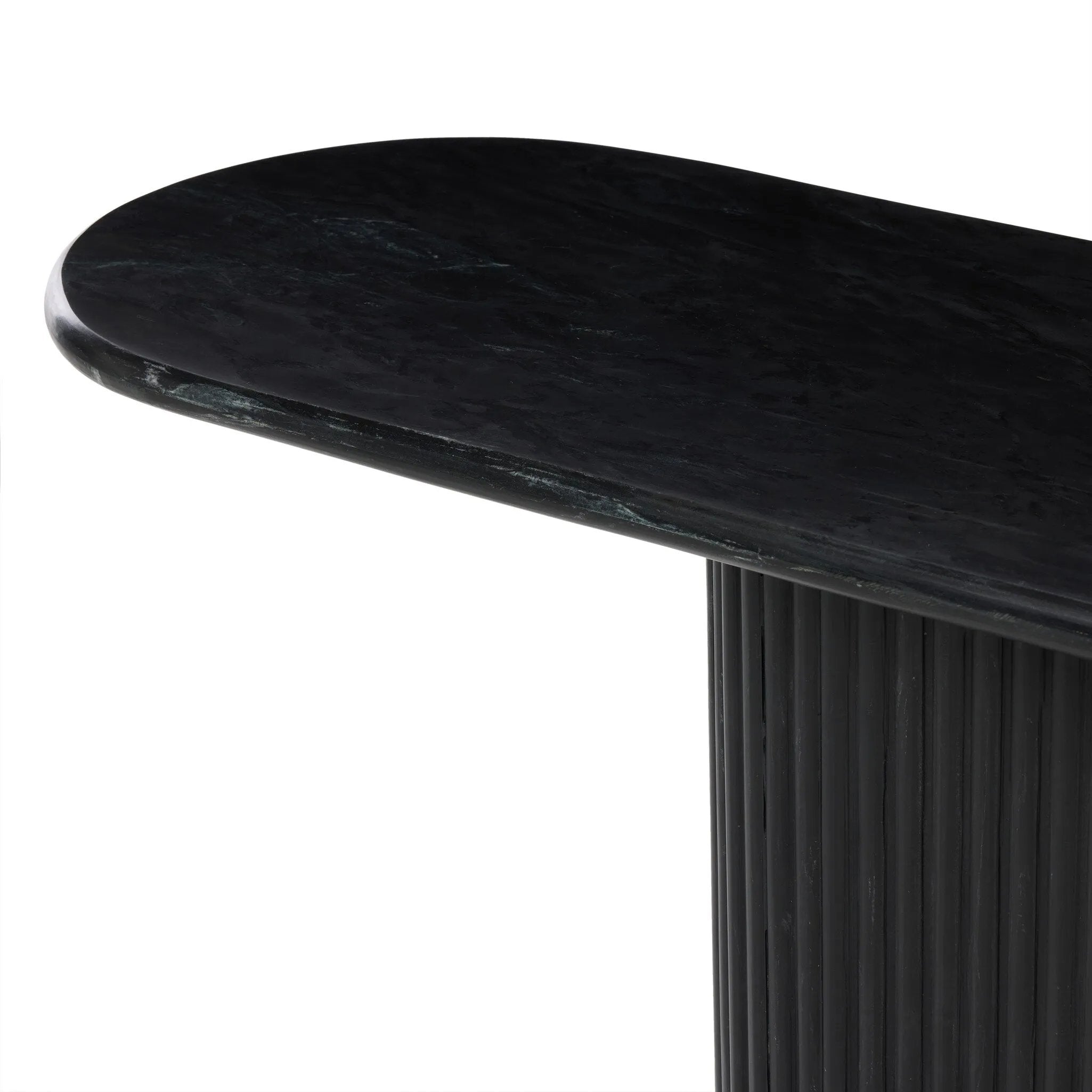 Italian-inspired for effortless sophistication. A black marble base is scalloped for a linear look with heavy texture, finished with a pill-shaped top for extra entryway styling atop this console table.As lovers of organic modern aesthetics at Amethyst, we love the designer inspired Oranda Console Table - Black Marble. Amethyst Home provides interior design, new home construction design consulting, vintage area rugs, and lighting in the Nashville metro area.