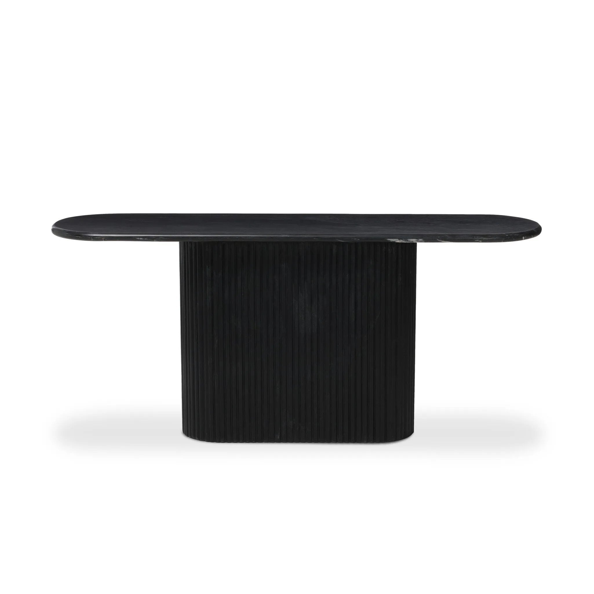 Italian-inspired for effortless sophistication. A black marble base is scalloped for a linear look with heavy texture, finished with a pill-shaped top for extra entryway styling atop this console table.As lovers of organic modern aesthetics at Amethyst, we love the designer inspired Oranda Console Table - Black Marble. Amethyst Home provides interior design, new home construction design consulting, vintage area rugs, and lighting in the Tampa metro area.