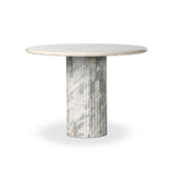Featuring Oranda Polished White Marble Sealant Round Dining Table by Four Hands at Amethyst Home. Inspired by Italian design, a swirling marble base is scalloped for a linear look with heavy texture, finished with a rounded, bistro-size tabletop of polished white marble.Overall Dimensions: 42.00"w x 42.00"d x 30.00"hWeight : 195.00 lbsMaterials : Solid . Amethyst Home provides interior design, new home construction design consulting, vintage area rugs, and lighting in the Newport Beach metro area.