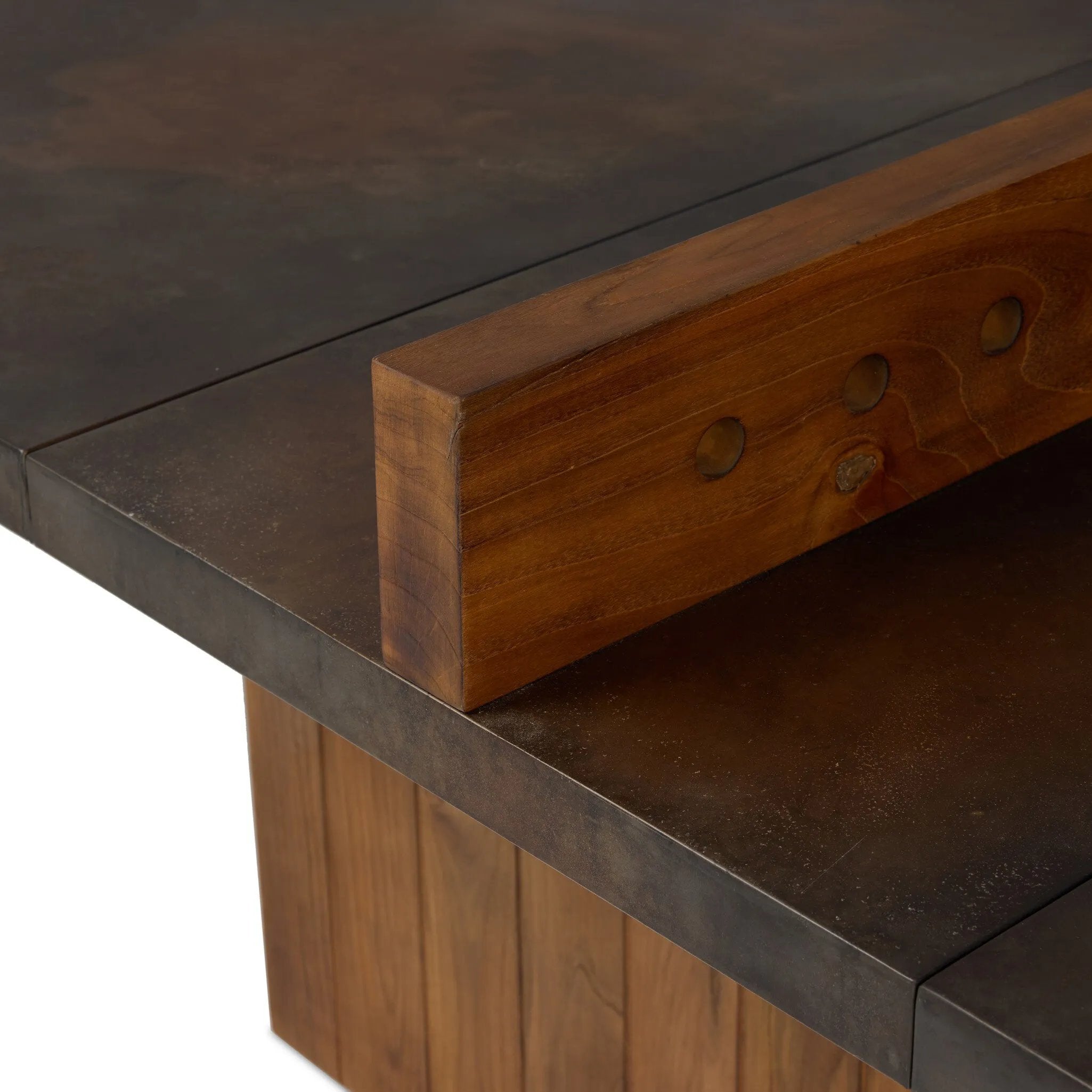 Outdoor-friendly and made for play, this ping pong table is clad in slatted teak and paired with a warm, tonal rust aluminum metal top with lots of visual movement. The teak net is removable, easily turning game time into dinner time. Includes four wooden paddles. Cover or store indoors during inclement weather and when not in use. Amethyst Home provides interior design, new home construction design consulting, vintage area rugs, and lighting in the Houston metro area.