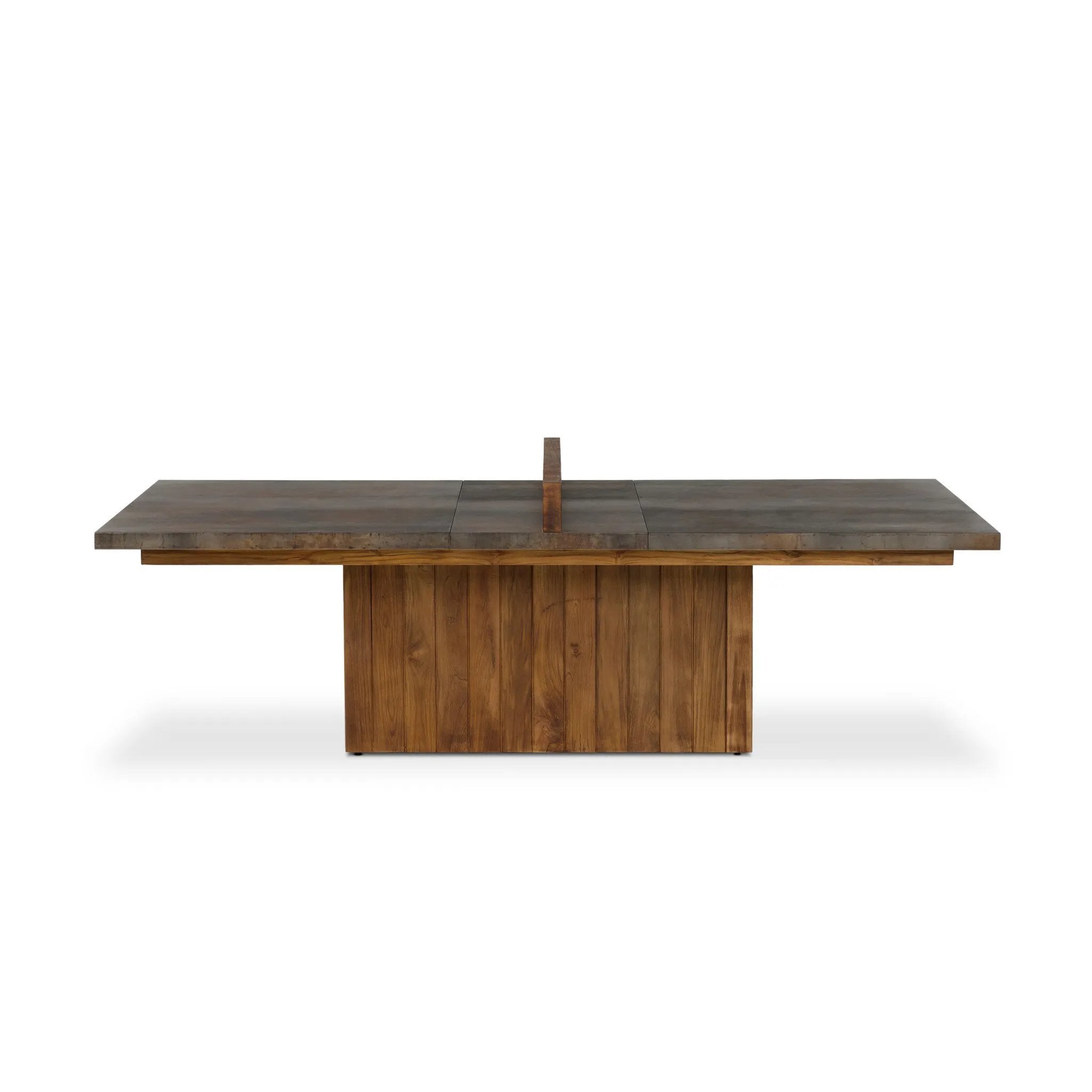 Outdoor-friendly and made for play, this ping pong table is clad in slatted teak and paired with a warm, tonal rust aluminum metal top with lots of visual movement. The teak net is removable, easily turning game time into dinner time. Includes four wooden paddles. Cover or store indoors during inclement weather and when not in use. Amethyst Home provides interior design, new home construction design consulting, vintage area rugs, and lighting in the Newport Beach metro area.