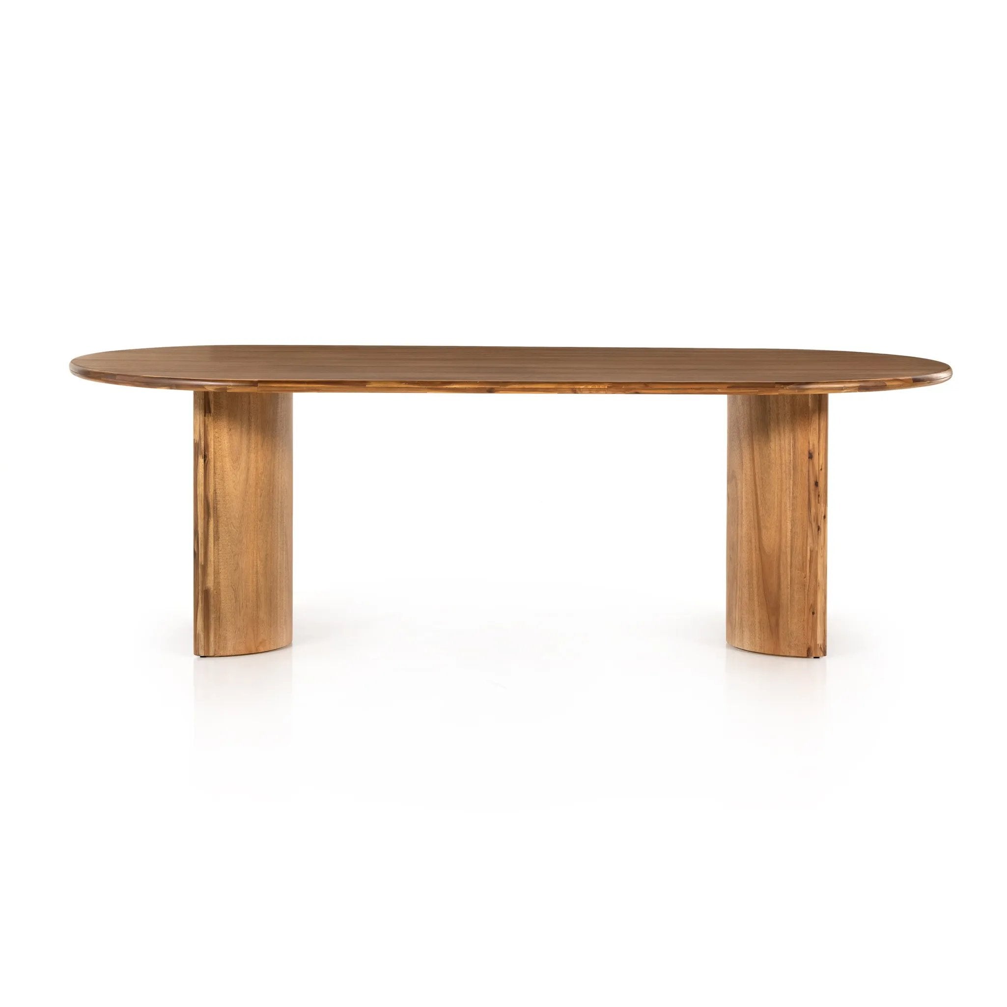 Featuring Paden Sandy Acacia Dining Table by Four Hands at Amethyst Home. A study in shape. Sand-colored acacia forms crescent-shaped legs and a sprawling oval tabletop, bringing grand, organic-infused presence to the dining room.Overall Dimensions: 94.00"w x 42.00"d x 30.00"hWeight : 139.33 lbsMaterials : Thin Acacia Veneer, Solid Acacia. Amethyst Home provides interior design, new home construction design consulting, vintage area rugs, and lighting in the Austin metro area.