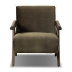 Contemporary outfitting of a vintage chair design offers easy comfort. Upholstered in velvety olive green, the wooden frame is finished in a vintage ash hue. Ideally placed as an accent chair or in pairs Amethyst Home provides interior design, new home construction design consulting, vintage area rugs, and lighting in the Kansas City metro area.