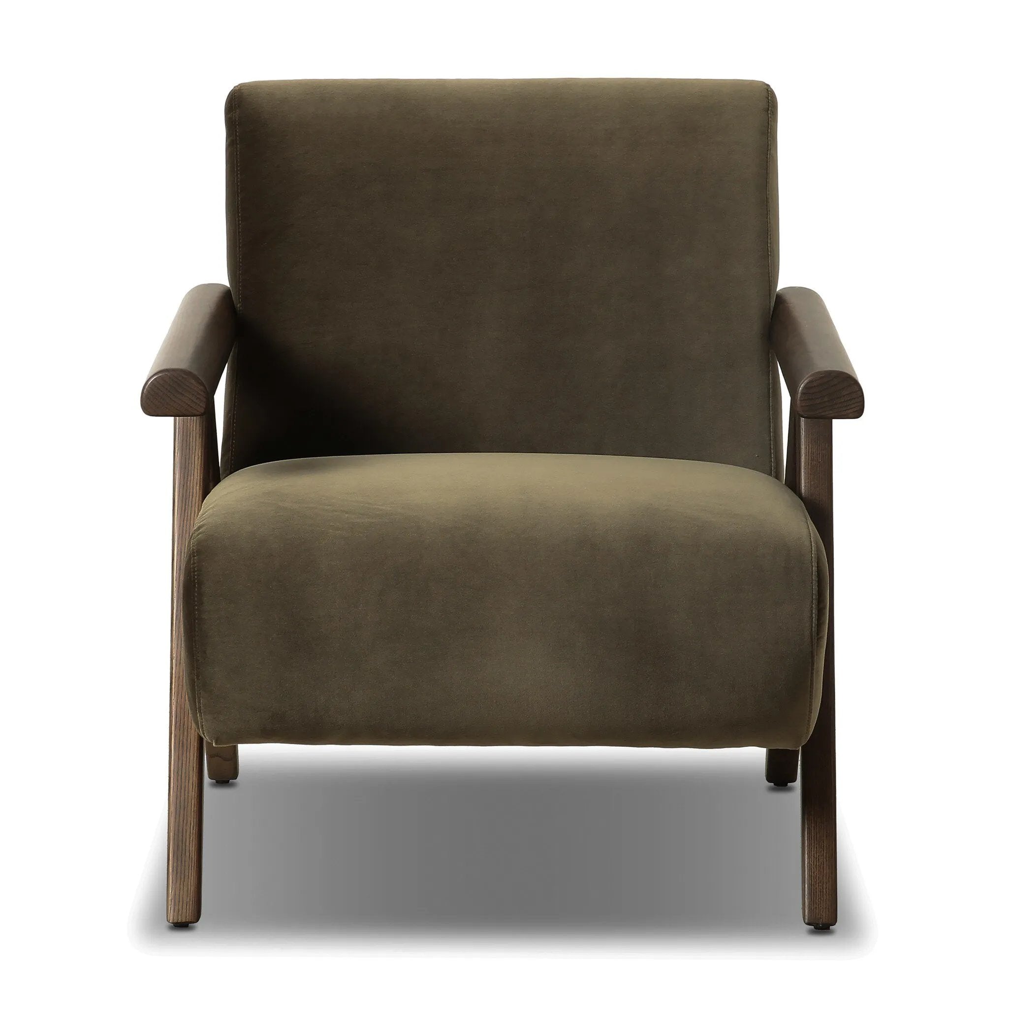 Contemporary outfitting of a vintage chair design offers easy comfort. Upholstered in velvety olive green, the wooden frame is finished in a vintage ash hue. Ideally placed as an accent chair or in pairs Amethyst Home provides interior design, new home construction design consulting, vintage area rugs, and lighting in the Kansas City metro area.