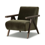 Contemporary outfitting of a vintage chair design offers easy comfort. Upholstered in velvety olive green, the wooden frame is finished in a vintage ash hue. Ideally placed as an accent chair or in pairs Amethyst Home provides interior design, new home construction design consulting, vintage area rugs, and lighting in the Park City metro area.