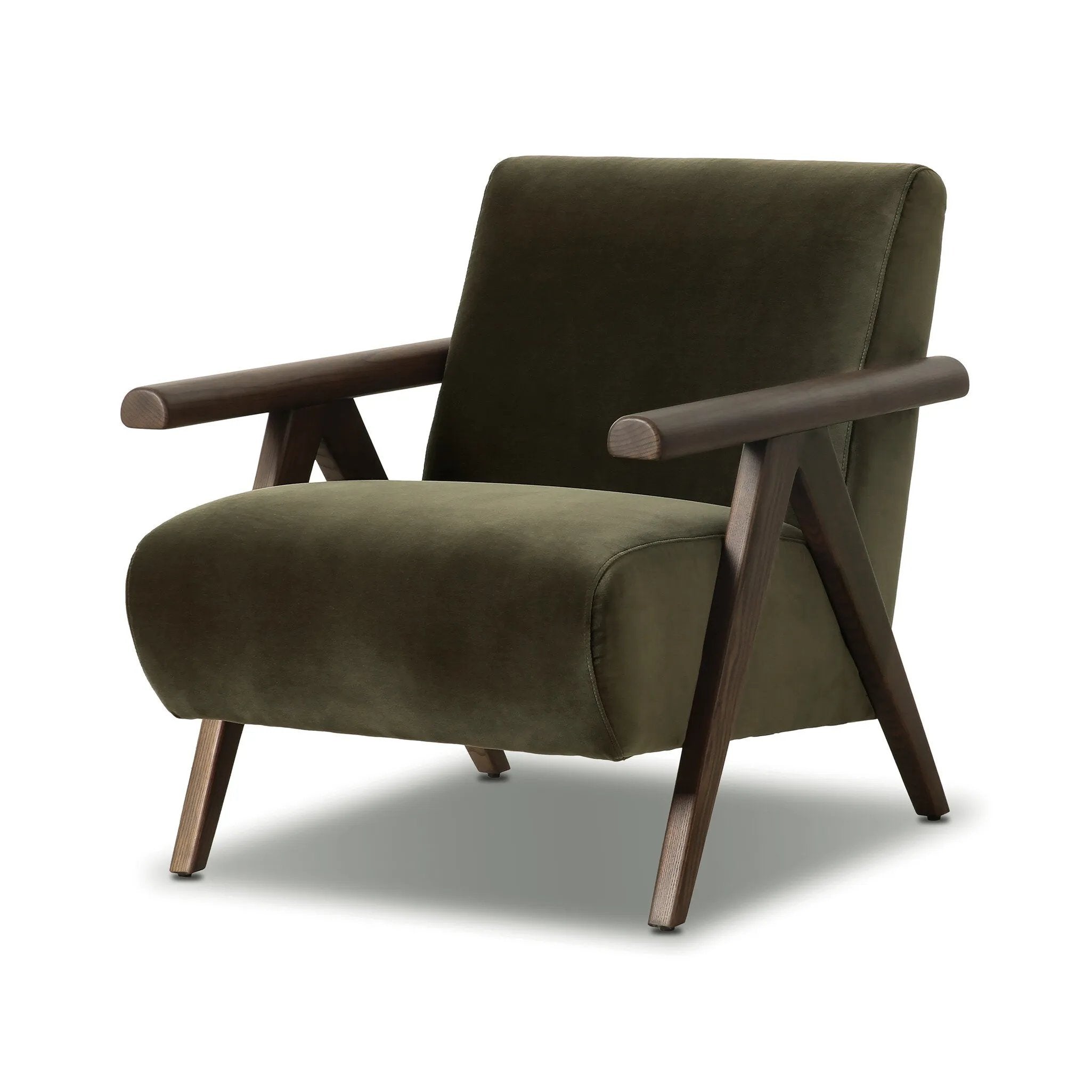 Contemporary outfitting of a vintage chair design offers easy comfort. Upholstered in velvety olive green, the wooden frame is finished in a vintage ash hue. Ideally placed as an accent chair or in pairs Amethyst Home provides interior design, new home construction design consulting, vintage area rugs, and lighting in the Park City metro area.