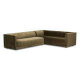 A clean, angular sectional in an eye-catching color. Upholstered in an olive cotton blend, with blind stitching along the seat and back cushions. The slight pronounced seat cushion creates an illusion of being loose, but is actually a fixed cushion with expert tailoring. A piping channel detail gives the arm a finished look Amethyst Home provides interior design, new home construction design consulting, vintage area rugs, and lighting in the Laguna Beach metro area.