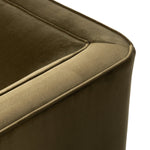 A clean, angular sectional in an eye-catching color. Upholstered in an olive cotton blend, with blind stitching along the seat and back cushions. The slight pronounced seat cushion creates an illusion of being loose, but is actually a fixed cushion with expert tailoring. A piping channel detail gives the arm a finished look Amethyst Home provides interior design, new home construction design consulting, vintage area rugs, and lighting in the Nashville metro area.