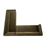 A clean, angular sectional in an eye-catching color. Upholstered in an olive cotton blend, with blind stitching along the seat and back cushions. The slight pronounced seat cushion creates an illusion of being loose, but is actually a fixed cushion with expert tailoring. A piping channel detail gives the arm a finished look Amethyst Home provides interior design, new home construction design consulting, vintage area rugs, and lighting in the Scottsdale metro area.