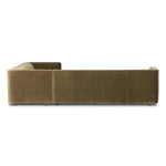 A clean, angular sectional in an eye-catching color. Upholstered in an olive cotton blend, with blind stitching along the seat and back cushions. The slight pronounced seat cushion creates an illusion of being loose, but is actually a fixed cushion with expert tailoring. A piping channel detail gives the arm a finished look Amethyst Home provides interior design, new home construction design consulting, vintage area rugs, and lighting in the Seattle metro area.