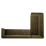 A clean, angular sectional in an eye-catching color. Upholstered in an olive cotton blend, with blind stitching along the seat and back cushions. The slight pronounced seat cushion creates an illusion of being loose, but is actually a fixed cushion with expert tailoring. A piping channel detail gives the arm a finished look Amethyst Home provides interior design, new home construction design consulting, vintage area rugs, and lighting in the Seattle metro area.