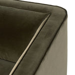 Style meets substance in this olive cotton-blend swivel chair. Blind stitching along the seat and back cushions create a polished complement to the heritage frame. The slight pronounced seat cushion creates an illusion of being loose, but is actually a fixed cushion with expert tailoring. A piping channel detail gives the arm a finished look Amethyst Home provides interior design, new home construction design consulting, vintage area rugs, and lighting in the Charlotte metro area.