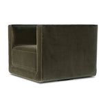 Style meets substance in this olive cotton-blend swivel chair. Blind stitching along the seat and back cushions create a polished complement to the heritage frame. The slight pronounced seat cushion creates an illusion of being loose, but is actually a fixed cushion with expert tailoring. A piping channel detail gives the arm a finished look Amethyst Home provides interior design, new home construction design consulting, vintage area rugs, and lighting in the Des Moines metro area.