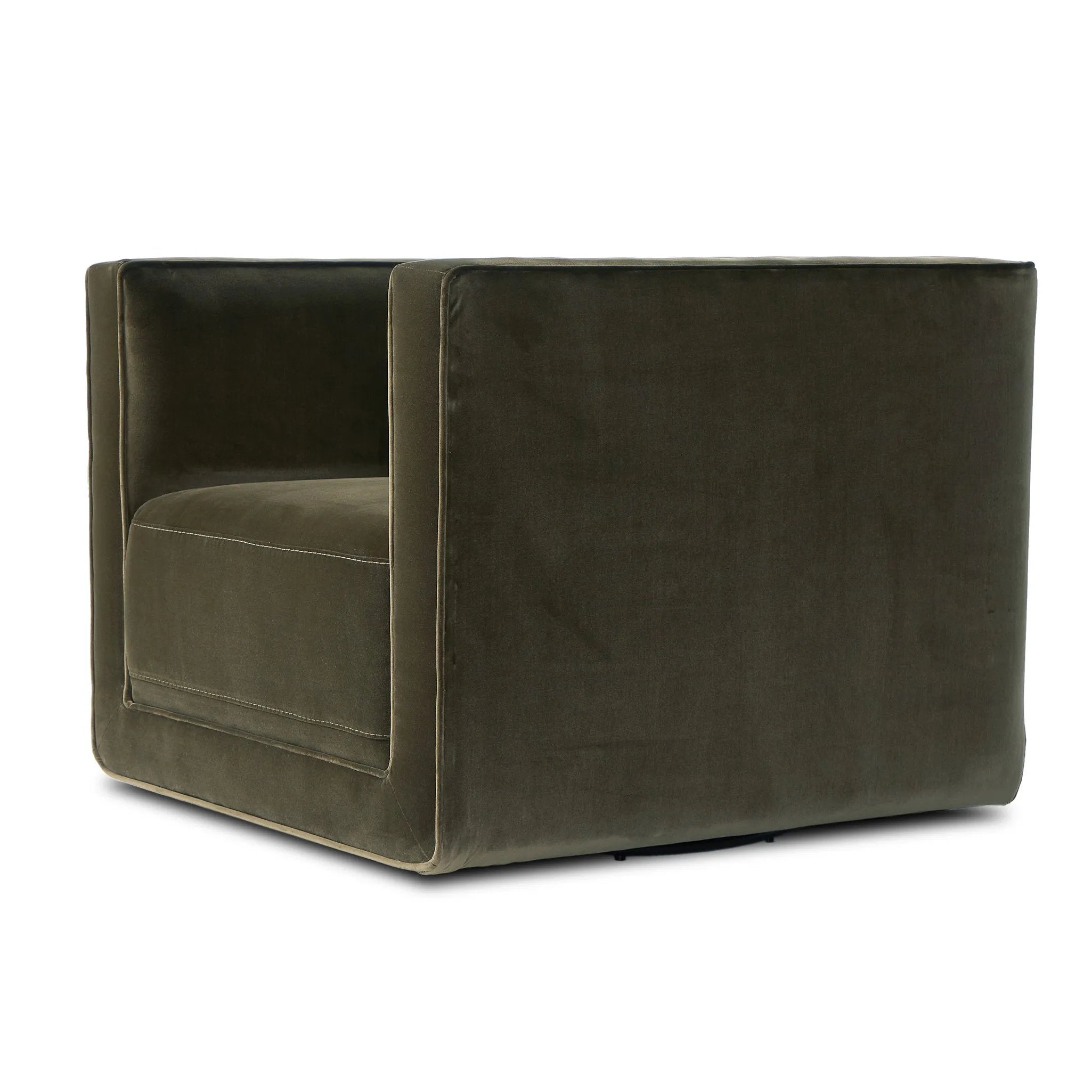 Style meets substance in this olive cotton-blend swivel chair. Blind stitching along the seat and back cushions create a polished complement to the heritage frame. The slight pronounced seat cushion creates an illusion of being loose, but is actually a fixed cushion with expert tailoring. A piping channel detail gives the arm a finished look Amethyst Home provides interior design, new home construction design consulting, vintage area rugs, and lighting in the Des Moines metro area.