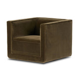 Style meets substance in this olive cotton-blend swivel chair. Blind stitching along the seat and back cushions create a polished complement to the heritage frame. The slight pronounced seat cushion creates an illusion of being loose, but is actually a fixed cushion with expert tailoring. A piping channel detail gives the arm a finished look Amethyst Home provides interior design, new home construction design consulting, vintage area rugs, and lighting in the Laguna Beach metro area.