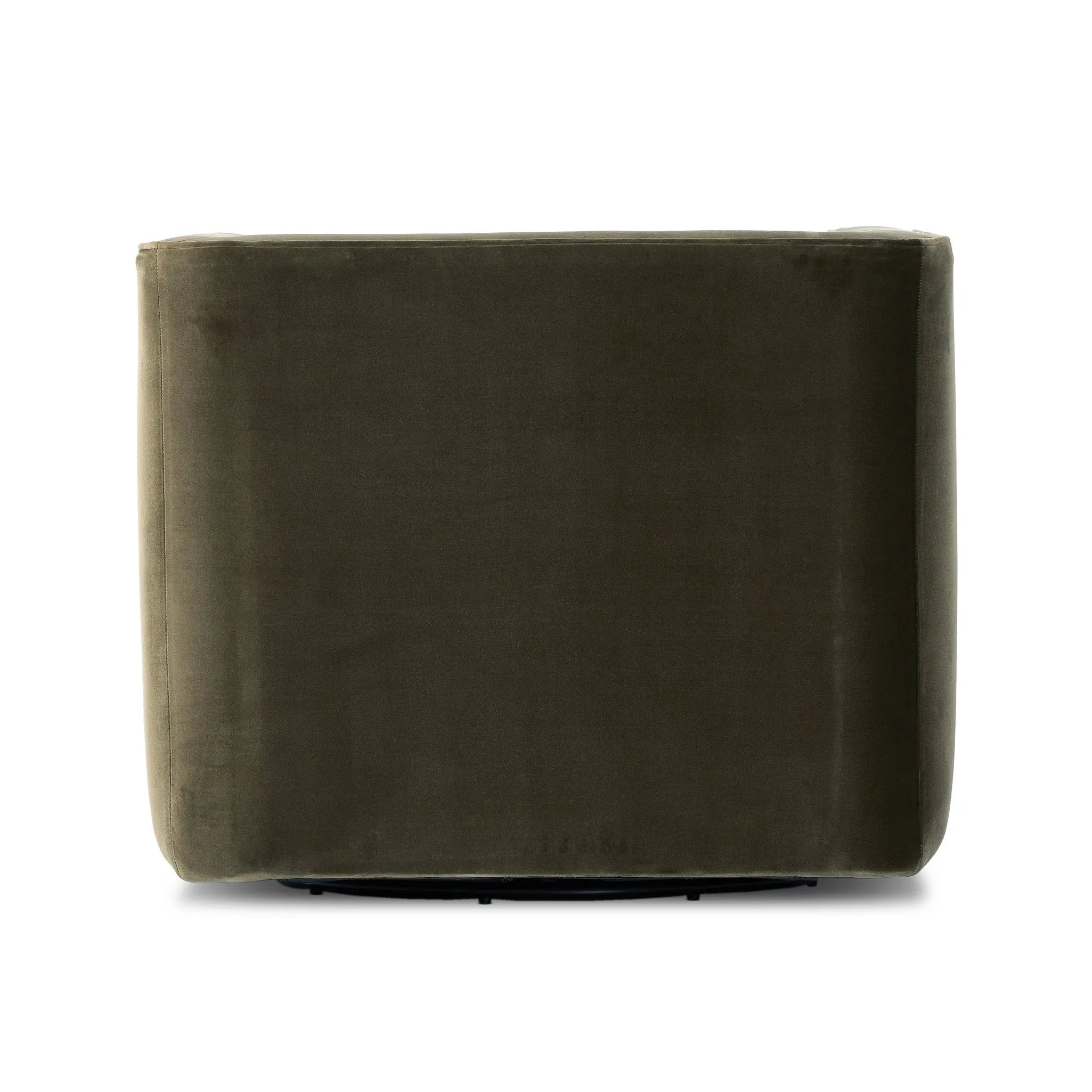 Style meets substance in this olive cotton-blend swivel chair. Blind stitching along the seat and back cushions create a polished complement to the heritage frame. The slight pronounced seat cushion creates an illusion of being loose, but is actually a fixed cushion with expert tailoring. A piping channel detail gives the arm a finished look Amethyst Home provides interior design, new home construction design consulting, vintage area rugs, and lighting in the Nashville metro area.