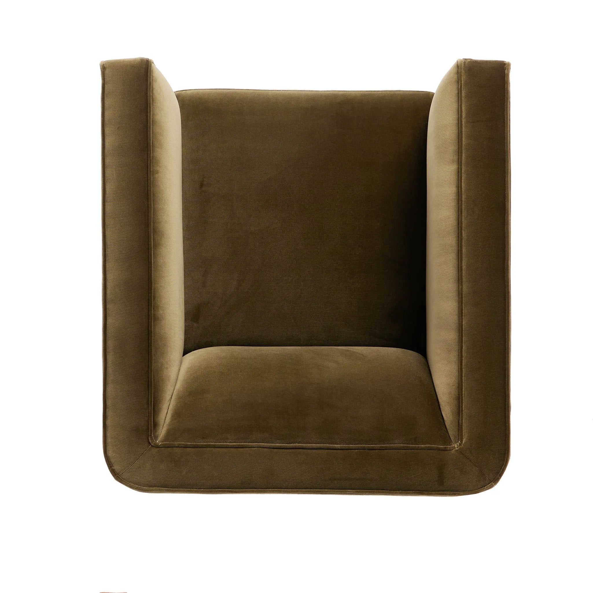 Style meets substance in this olive cotton-blend swivel chair. Blind stitching along the seat and back cushions create a polished complement to the heritage frame. The slight pronounced seat cushion creates an illusion of being loose, but is actually a fixed cushion with expert tailoring. A piping channel detail gives the arm a finished look Amethyst Home provides interior design, new home construction design consulting, vintage area rugs, and lighting in the Salt Lake City metro area.