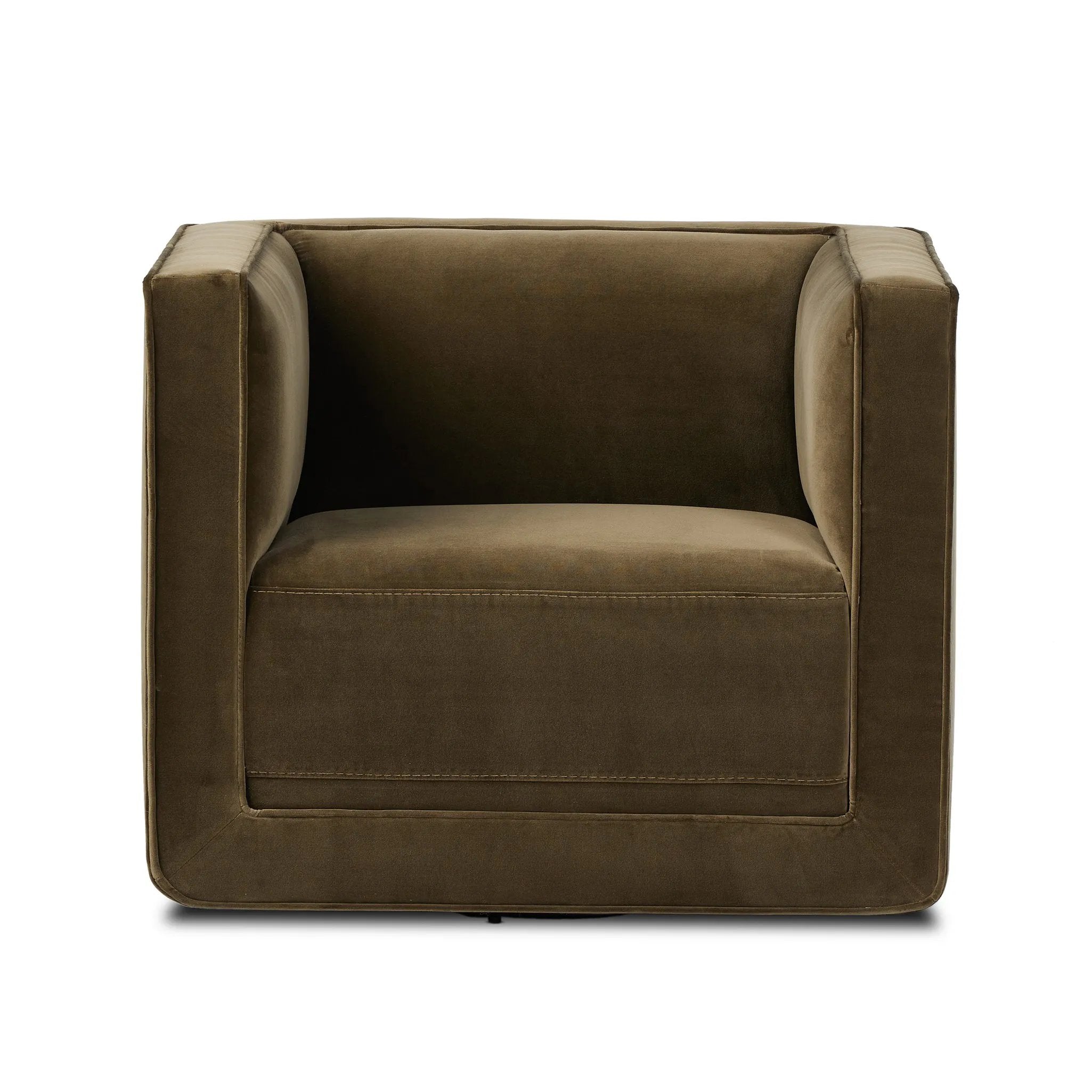 Style meets substance in this olive cotton-blend swivel chair. Blind stitching along the seat and back cushions create a polished complement to the heritage frame. The slight pronounced seat cushion creates an illusion of being loose, but is actually a fixed cushion with expert tailoring. A piping channel detail gives the arm a finished look Amethyst Home provides interior design, new home construction design consulting, vintage area rugs, and lighting in the Winter Garden metro area.