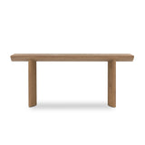 A shape-driven console table made from thick-cut oak veneer features overscale proportions and half-moon shaping, with a warm grey-brown finish Amethyst Home provides interior design, new home construction design consulting, vintage area rugs, and lighting in the Austin metro area.