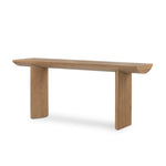 A shape-driven console table made from thick-cut oak veneer features overscale proportions and half-moon shaping, with a warm grey-brown finish Amethyst Home provides interior design, new home construction design consulting, vintage area rugs, and lighting in the Salt Lake City metro area.