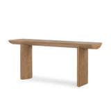 A shape-driven console table made from thick-cut oak veneer features overscale proportions and half-moon shaping, with a warm grey-brown finish Amethyst Home provides interior design, new home construction design consulting, vintage area rugs, and lighting in the Salt Lake City metro area.