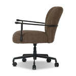Work in comfort and style with this texture-driven desk chair. Black hammered and forged iron arms frame a seat and back upholstered in a textured weave  fabric. Performance fabrics are specially created to withstand spills, stains, high traffic and wear, ensuring long-term comfort and unmatched durability. Amethyst Home provides interior design, new home construction design consulting, vintage area rugs, and lighting in the Laguna Beach metro area.