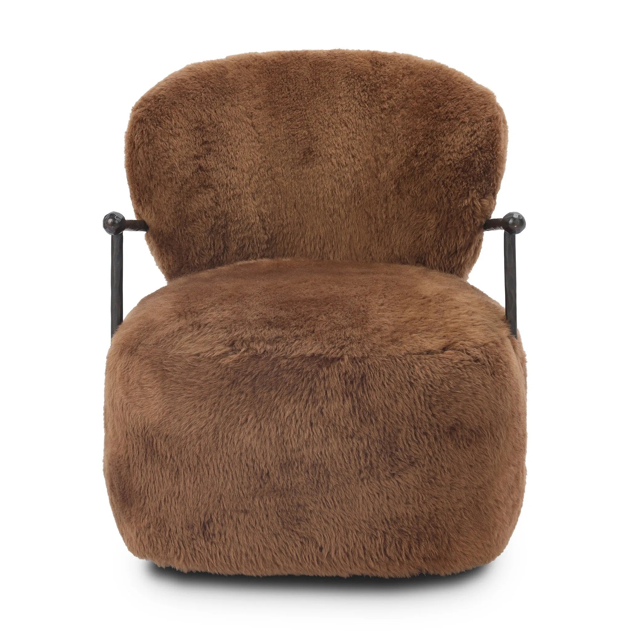 Make a statement with this texture-driven swivel chair. Made from 100% sheared sheepskin. For a unique design detail, black iron arms wrap around the back of the chair and have been hammered for even more texture. A 360-swivel base is inset for a clean look. Amethyst Home provides interior design, new home construction design consulting, vintage area rugs, and lighting in the Alpharetta metro area.