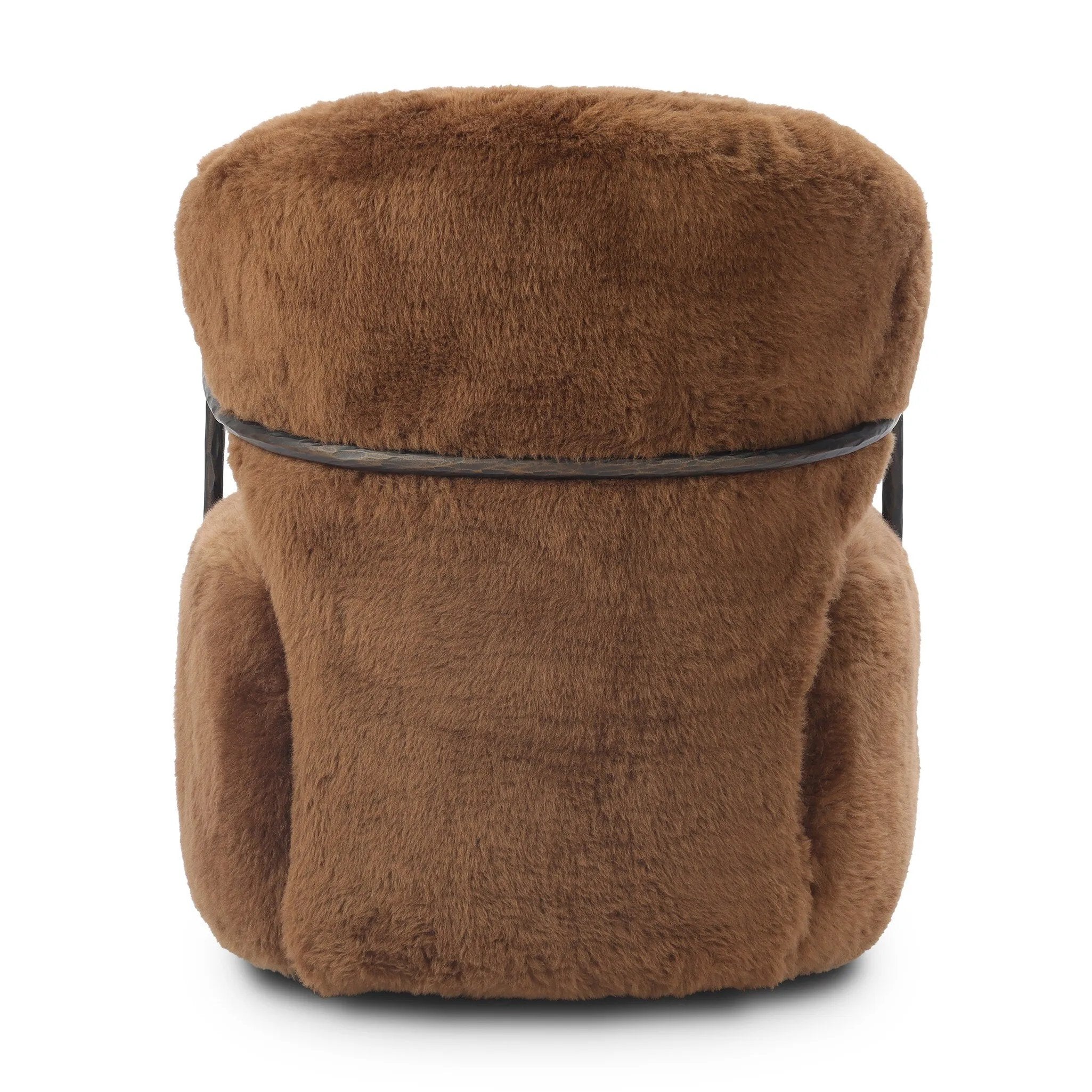 Make a statement with this texture-driven swivel chair. Made from 100% sheared sheepskin. For a unique design detail, black iron arms wrap around the back of the chair and have been hammered for even more texture. A 360-swivel base is inset for a clean look. Amethyst Home provides interior design, new home construction design consulting, vintage area rugs, and lighting in the Monterey metro area.