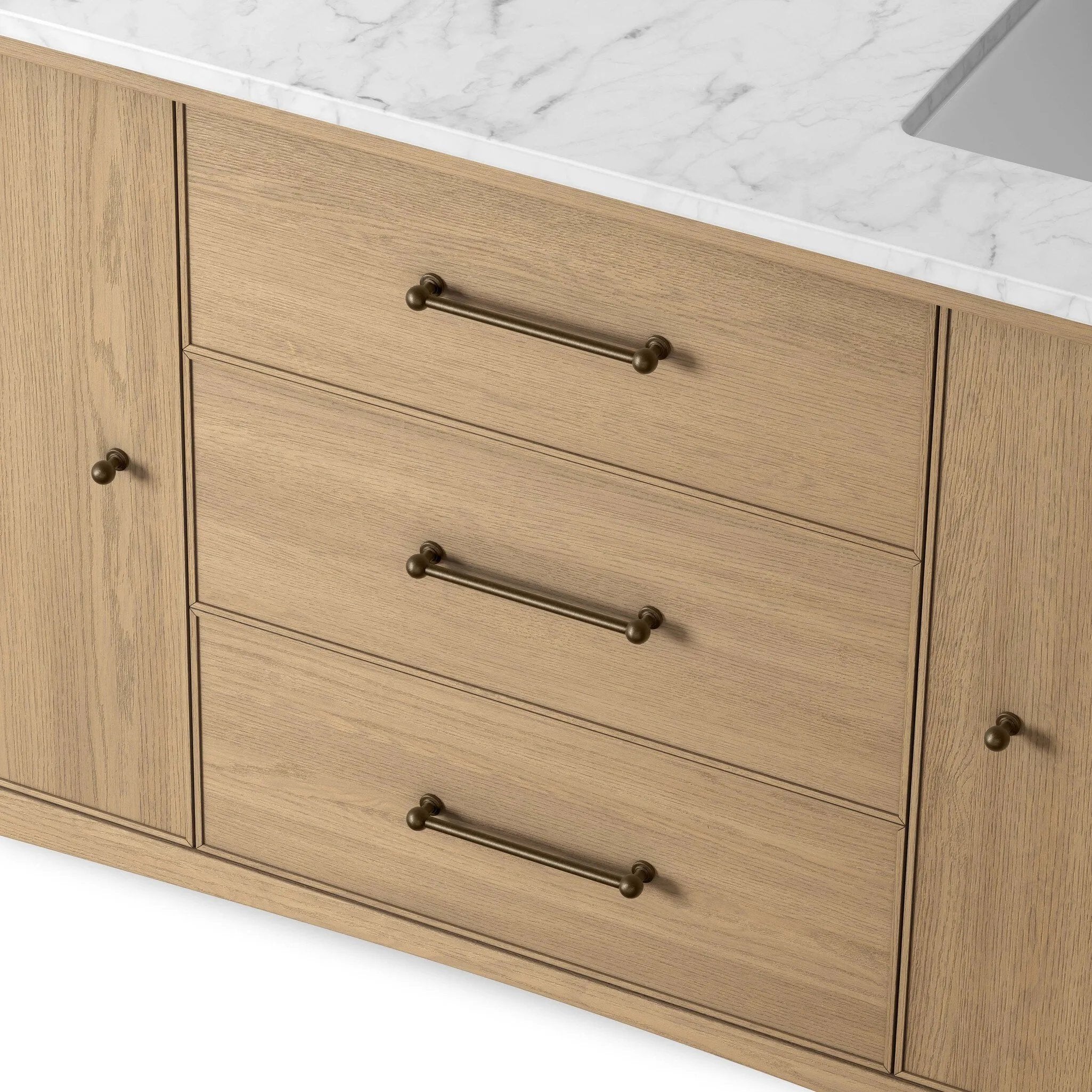 A simple transitional shape designed to function across styles. This bath vanity nods to heritage designs with the softly shaped backsplash, dowel legs, rounded corners and arch frame detail, finished with mixed hardware for added visual interest. Finished with a bath-safe sealant for moisture resistance. Amethyst Home provides interior design, new home construction design consulting, vintage area rugs, and lighting in the Des Moines metro area.