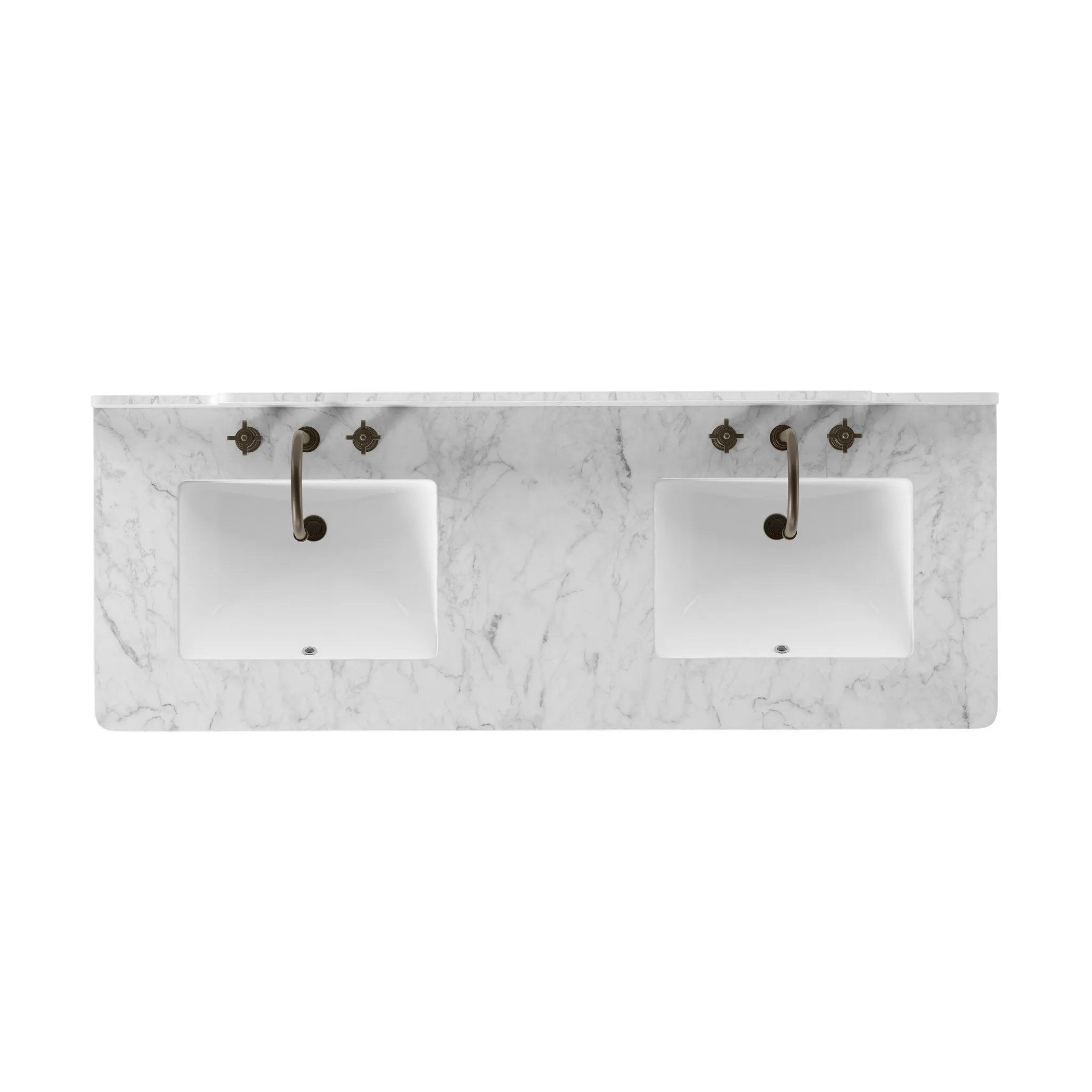 A simple transitional shape designed to function across styles. This bath vanity nods to heritage designs with the softly shaped backsplash, dowel legs, rounded corners and arch frame detail, finished with mixed hardware for added visual interest. Finished with a bath-safe sealant for moisture resistance. Amethyst Home provides interior design, new home construction design consulting, vintage area rugs, and lighting in the Houston metro area.